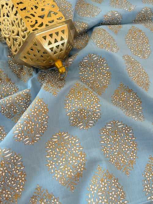 Powder Blue Handblock Foil Printed Cotton Fabric