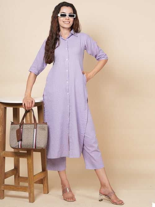 Lavender Kantha Embroidered Kurta Set