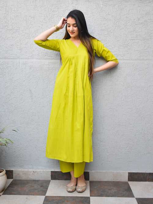 Lime Pintuck Cotton Kurta Set