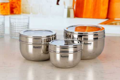 Sumeet Stainless Steel Apple Shape Storage Containers for kitchen with Transparent See Through Lid, 11cm, 13cm & 14.5cm Dia, 600ml, 900ml & 1250ml, Pack of 3, Silver