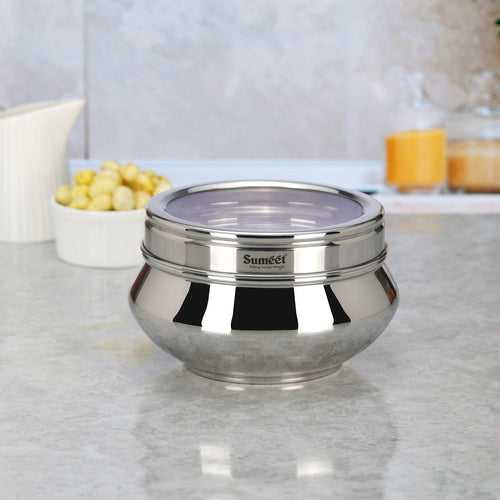 Sumeet Stainless Steel Handi Shape Big Size Canisters/Dabba/Storage Containers Set for kitchen with Transparent See Through Lid, 11.6cm Dia, 800ml, Pack of 1, Silver