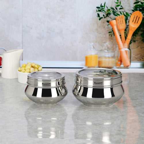 Sumeet Stainless Steel Handi Shape Big Size Canisters/Dabba/Storage Containers Set for kitchen with Transparent See Through Lid, 11.6cm & 14.5cm Dia, 800ml & 1400ml, Pack of 2, Silver
