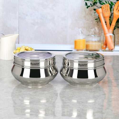 Sumeet Stainless Steel Handi Shape Big Size Canisters/Dabba/Storage Containers Set for kitchen with Transparent See Through Lid, 14.5cm Dia, 1400ml, Pack of 2, Silver