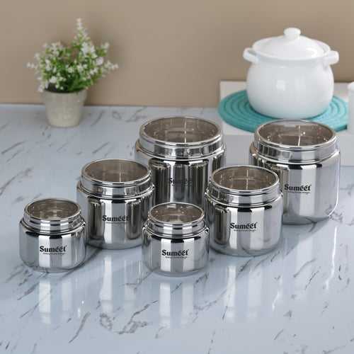 Sumeet Stainless Steel Canisters/Dabba/Storage Containers for Kitchen with See Through Lid, Combo of 6 Pcs (400ml -2Pcs + 9cm Dia, 800ml - 2Pc + 11cm Dia & 1450ml - 2Pc with 13.5cm Dia), Silver