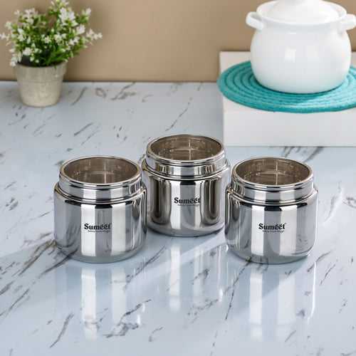Sumeet Stainless Steel Canisters/Dabba/Storage Containers for Kitchen with See Through Lid, Set of 3 Pcs, 1450ml Each, 13.5cm Dia, Silver