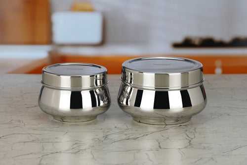Sumeet Stainless Steel Handi Shape Big Size Canisters/Dabba/Storage Containers Set for kitchen, 11.6cm & 14.5cm Dia, 900ml & 1450ml, Pack of 2, Silver