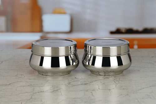 Sumeet Stainless Steel Handi Shape Big Size Canisters/Dabba/Storage Containers Set for kitchen 14.5cm Dia, 1450ml, Pack of 2, Silver