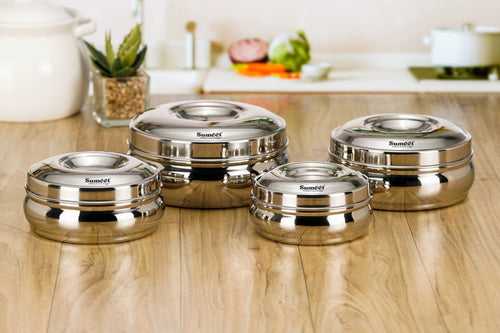 Sumeet Stainless Steel Round Shape Canisters/Puri Dabba/Storage Containers for Kitchen, 9.7cm, 11.2cm, 12.5cm & 14cm Dia, 300ml, 500ml, 700ml & 850ml, Pack of 4, Silver