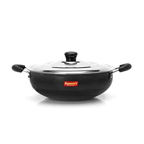 Sumeet Pre Seasoned Iron Kadai 2.5mm Thick with Stainless Steel Lid (Double Side Handle) 25.2 cm, 3Ltr