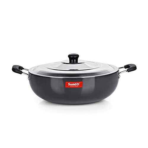 Sumeet 3mm Hard Anodized Deep kadai with Stainless Steel Lid Big Size No. - 15 (28.5cm Dia. 4.5 LTR Capacity)