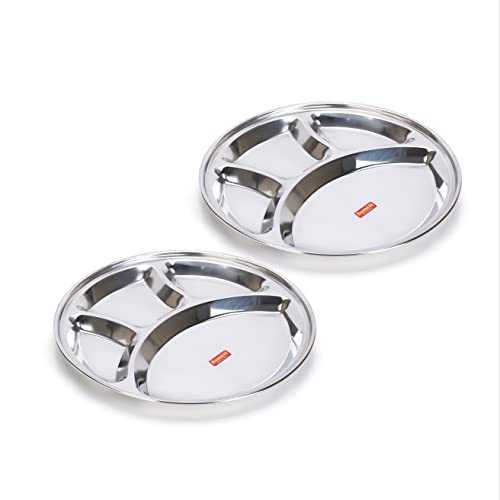 Sumeet Stainless Steel Round 4 in 1 Compartment Lunch / Dinner Plate Set of 2Pcs, 30.3cm Dia, Silver