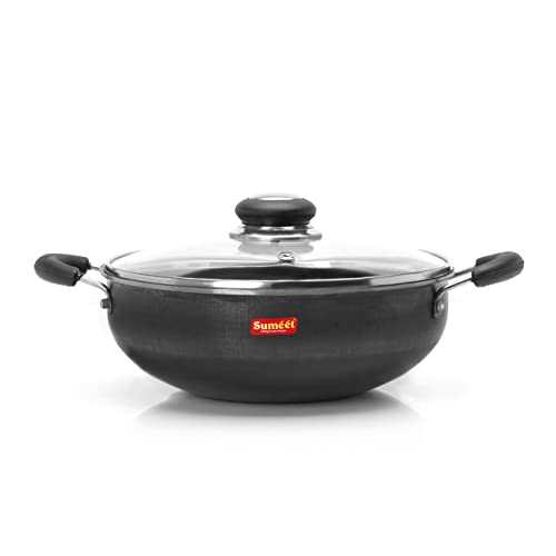 Sumeet Pre Seasoned Iron Kadai 2.5mm Thick with Glass Lid (Double Side Handle) 25.2 cm, 3Ltr