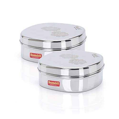 Sumeet Stainless Steel Designer Square Storage containers box/Dabba for Kitchen, Set of 2Pcs, 950ml, 15cm Dia - Silver