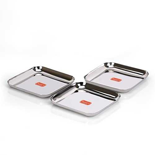 Sumeet Stainless Steel Medium Square Shape Plate/Snacks Plate/Breakfast Plate Set of 3pcs, 22.5cm Dia, Silver