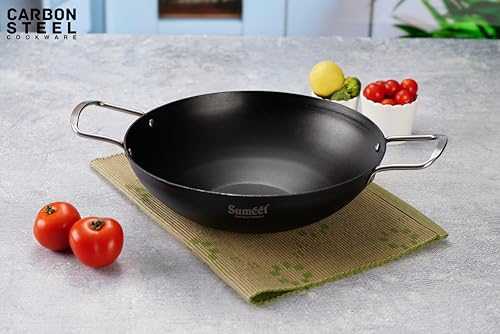Sumeet Super Smooth Pre Seasoned Carbon Steel (Iron) Deep Kadai for Cooking and Deep Frying|Naturally Nonstick |25cm | 2450ml, Gas & Induction-Friendly, Black