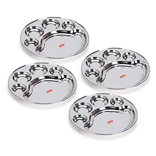 Sumeet Stainless Steel Round 5 in 1 Compartment Lunch / Dinner Plate Set of 4Pcs, 31cm Dia, Silver