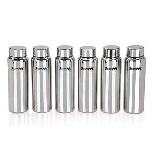 Sumeet Stainless Steel Jointless Akhand Leak-Proof Water Bottle / Fridge Bottle - 800ML Pack of 6, Silver