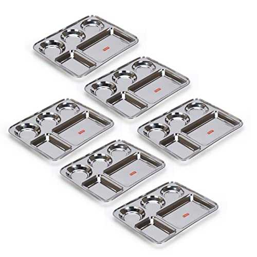 Sumeet Stainless Steel Rectangular 5 in 1 Compartment Lunch / Dinner Plate Set of 6Pcs, 33.5cm Dia, Silver