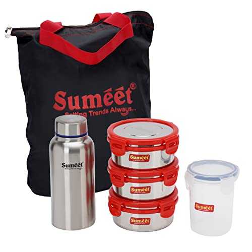 Sumeet Lunch Bag with 3 Stainless Steel Containers 400ML Each, 1 Water Bottle - 600ML, and 1 Tumbler - 350ML, Set of 6.