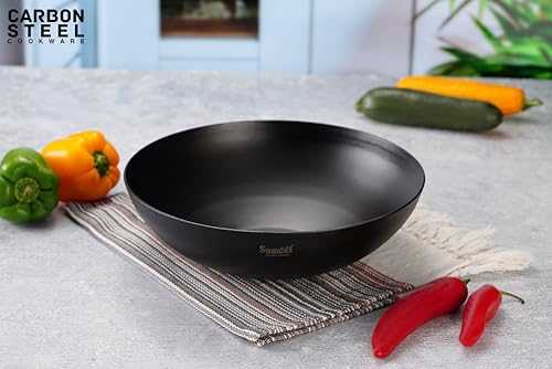 Sumeet Super Smooth Pre Seasoned Carbon Steel (Iron) Deep Tasra for Cooking and Deep Frying|Naturally Nonstick |25cm | 2450ml, Gas & Induction-Friendly, Black