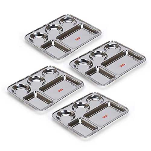 Sumeet Stainless Steel Rectangular 5 in 1 Compartment Lunch / Dinner Plate Set of 4Pcs, 37.4cm Dia, Silver