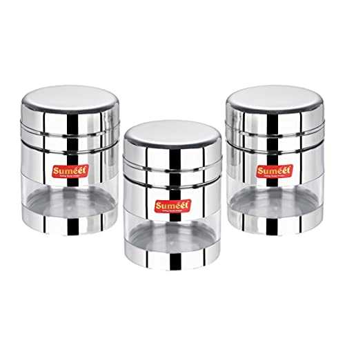 Sumeet Stainless Steel Circular See Through / Transparent Container, Set of 3Pc, 800 Ml each, 10cm Dia, Silver