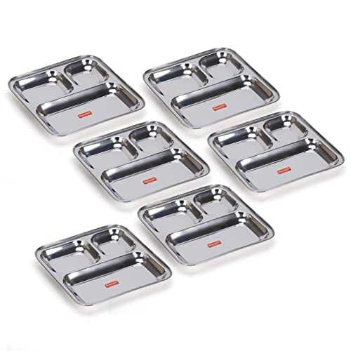 Sumeet Stainless Steel 3 in 1 Idli WADA Compartment Plate / Snack Plate / Breakfast Plate Set of 6Pcs, 24.5cm Dia, Silver