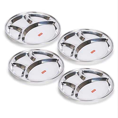 Sumeet Stainless Steel Round 4 in 1 Compartment Lunch / Dinner Plate Set of 4Pcs, 32.5cm Dia, Silver