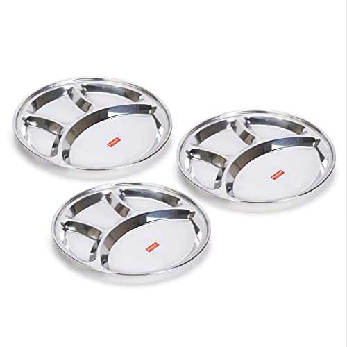 Sumeet Stainless Steel Round 4 in 1 Compartment Lunch / Dinner Plate Set of 3Pcs, 32.5cm Dia, Silver