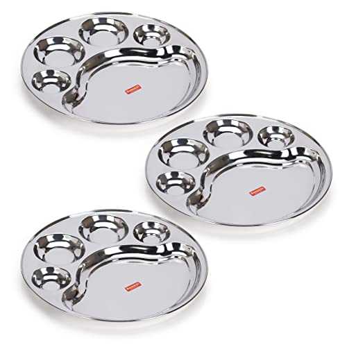 Sumeet Stainless Steel Round 5 in 1 Compartment Lunch / Dinner Plate Set of 3Pcs, 34cm Dia, Silver
