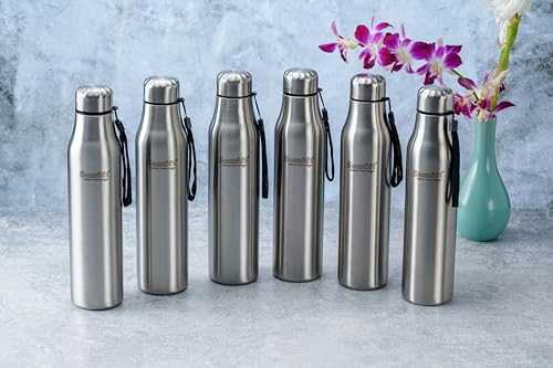 Sumeet Alpha-Aqua Stainless Steel Leak Proof Water Bottle Office/School/College/Gym/Picnic/Home/Fridge - 1 Litre |Pack of 6| Silver