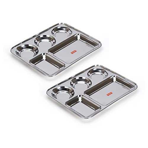 Sumeet Stainless Steel Rectangular 5 in 1 Compartment Lunch / Dinner Plate Set of 2Pcs, 37.4cm Dia, Silver