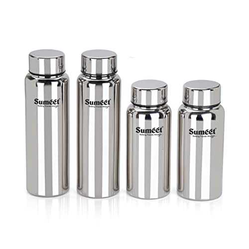 Sumeet Stainless Steel Jointless Akhand Leak-Proof Water Bottle / Fridge Bottle Set 800ML and 600ML - Pack of 4, Silver