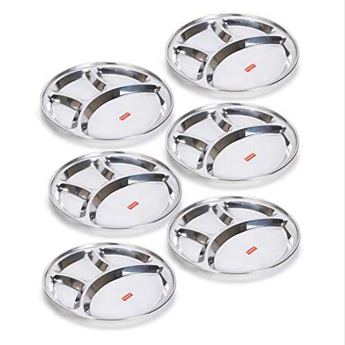 Sumeet Stainless Steel Round 4 in 1 Compartment Lunch / Dinner Plate Set of 6Pcs, 30.3cm Dia, Silver