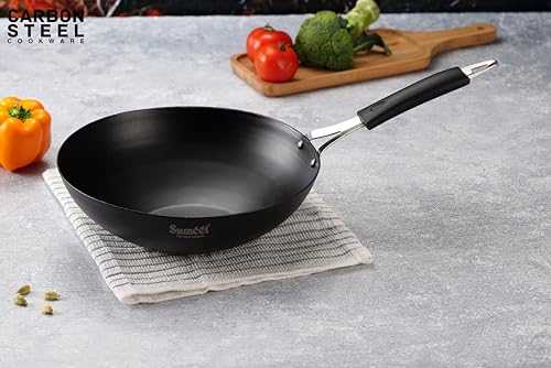 Sumeet Super Smooth Pre Seasoned Carbon Steel (Iron) Deep Wok for Cooking and Deep Frying|Naturally Nonstick |25cm | 2250ml, Gas & Induction-Friendly, Black