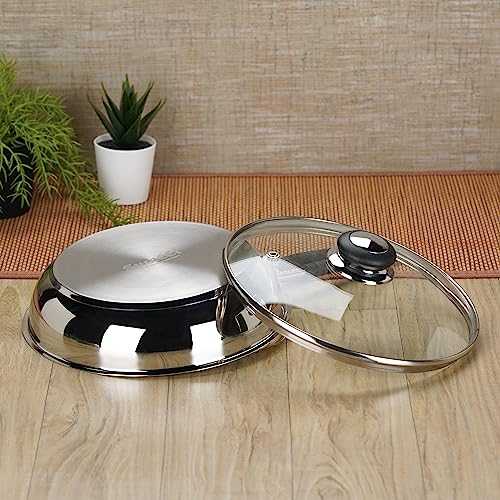 Sumeet Stainless Steel Induction Bottom (Encapsulated Bottom) Fry Pan with Glass Lid 2.250 LTR, 25.5 cm Dia, Silver