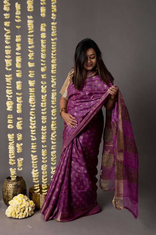 'JAIGARH: PURPLE' Hand block printed Tussar silk