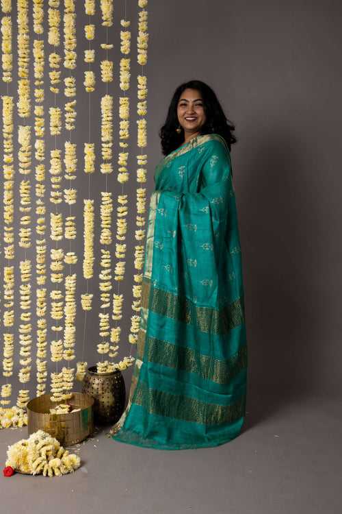 'CHAMPANER: GREEN' Hand block printed Tussar silk