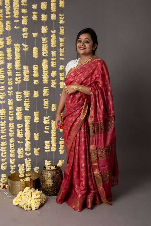 'AMER: RED' Hand block printed Tussar silk