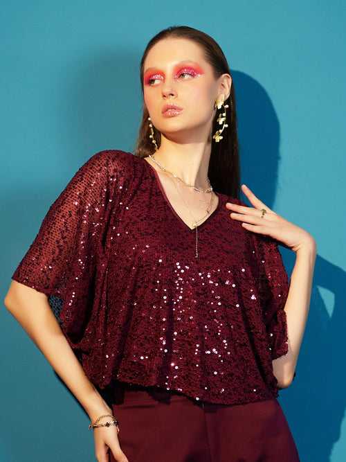 Wine Embellished Sequin Top