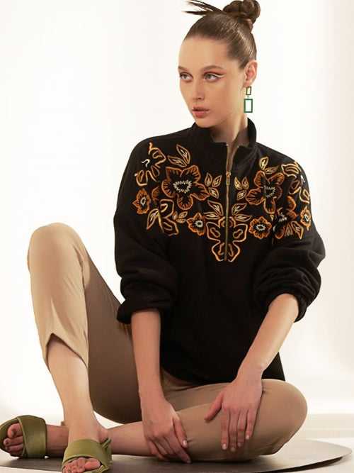 Black Embroidered Fleece Sweat Shirts