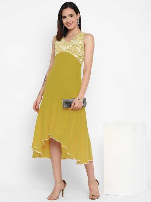 Acid Green Embellished Georgette Midi Dress