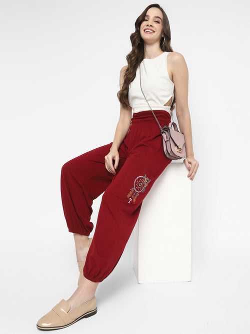 Red Embroidered Jersey Knit Harem Pants