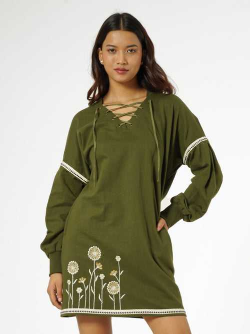 Olive Green Embroidered Terry Fleece Dress