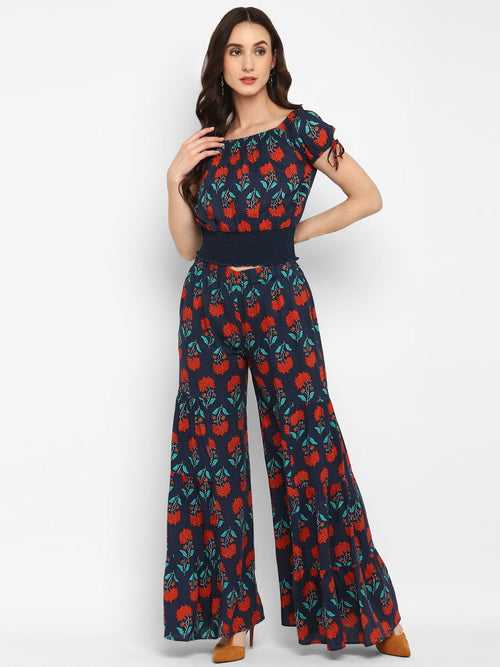 Navy Blue Printed Rayon Top & Pant