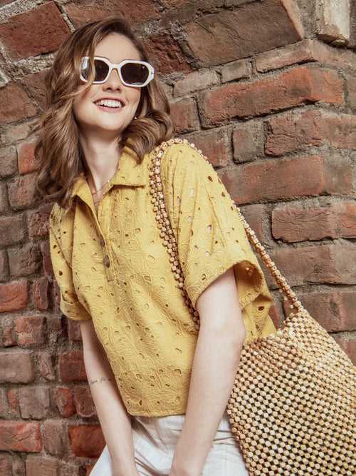 Mustard Embroidered Schiffli Crop Top