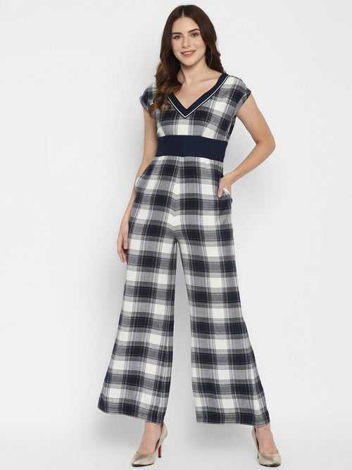 White Plaid Checks Yarn Dyed Woven Jumpsuit