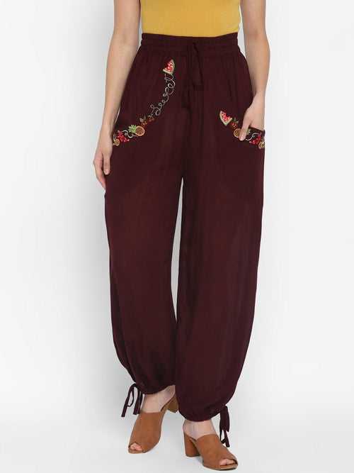 Wine Embroidered Rayon Crepe Joggers