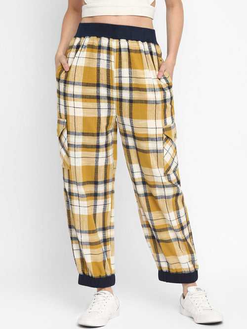 Mustard Plaid Checks Yarn Dyed Woven Joggers