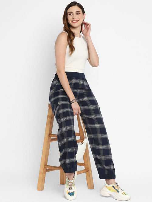 Navy Blue Plaid Checks Yarn Dyed Woven Joggers